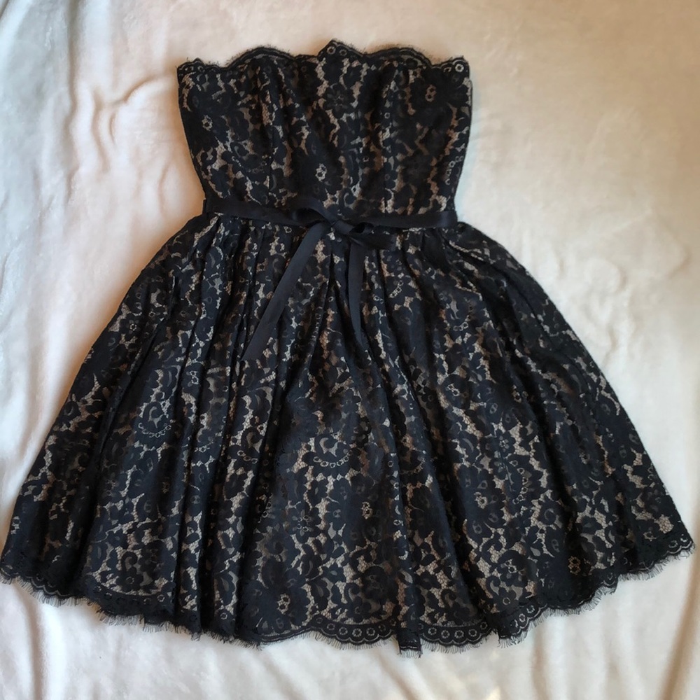 Black strapless black lace cocktail dress